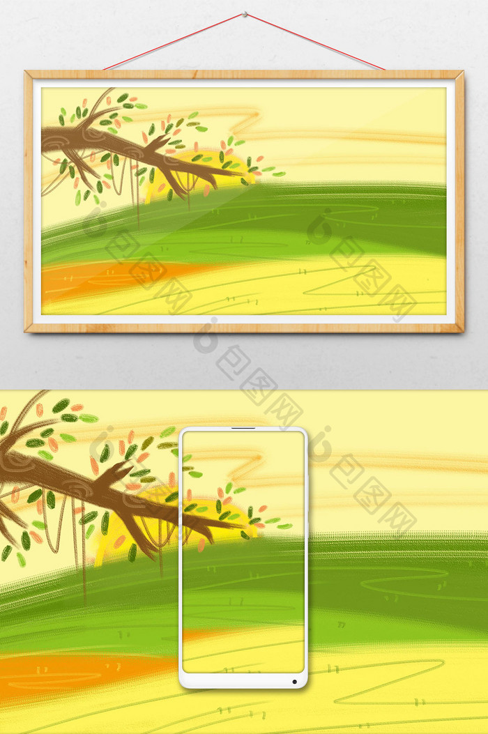 绿色草原卡通插画树枝手绘背景素材