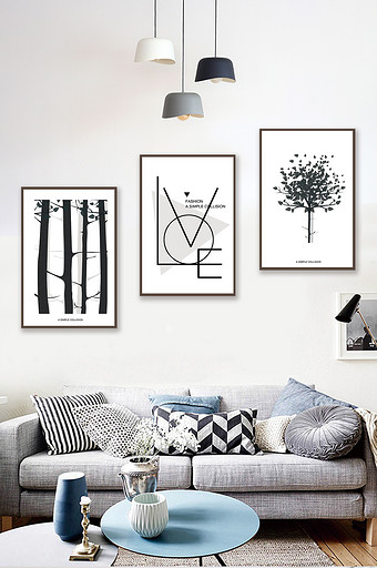 手绘黑白植物客厅简约创意装饰画图片
