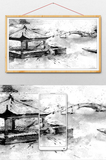 中国风水墨池塘凉亭手绘插画背景素材图片