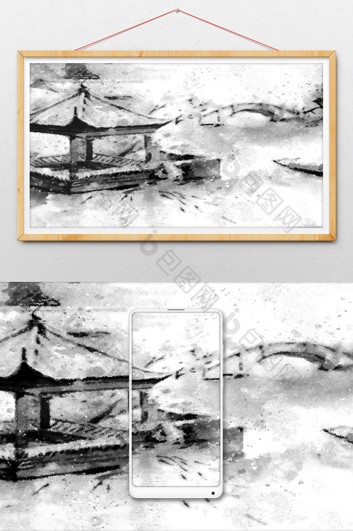 中国风水墨池塘凉亭手绘插画背景素材