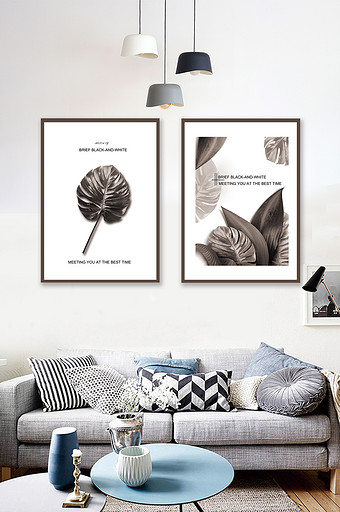 植物黑白风客厅现代创意装饰画图片