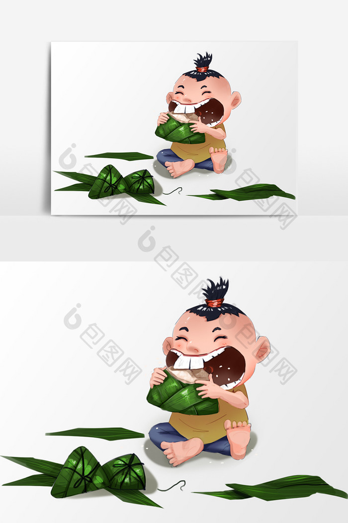 吃粽子的小孩插画元素素材