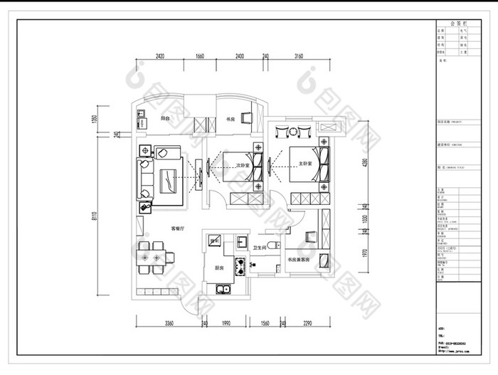 兩室一廳cad戶型圖佈局圖紙-包圖網