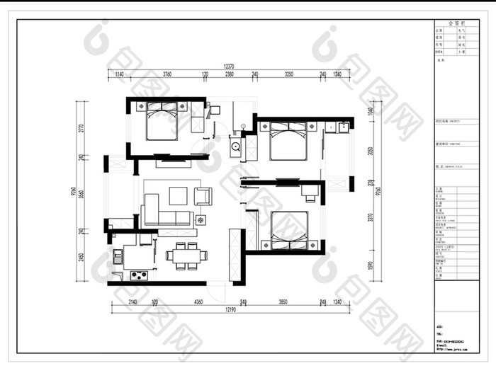 CAD三室两厅高层户型平面