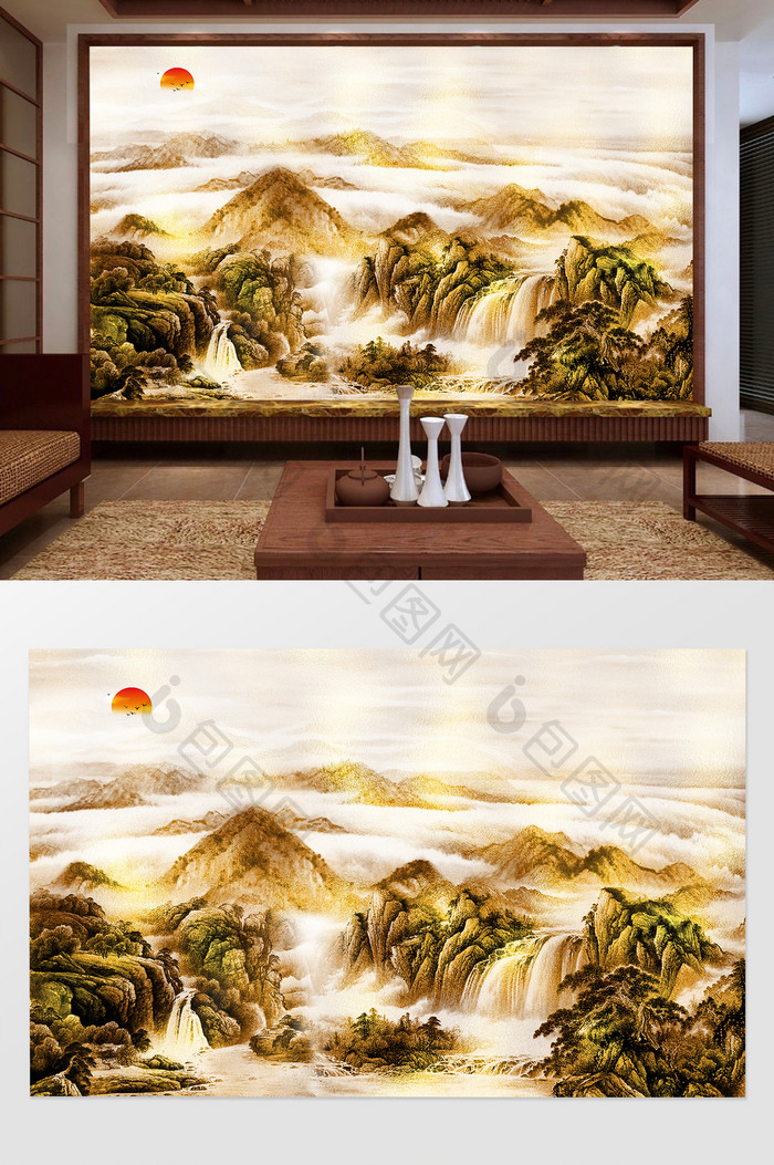 新中式金色山水风景意境背景墙