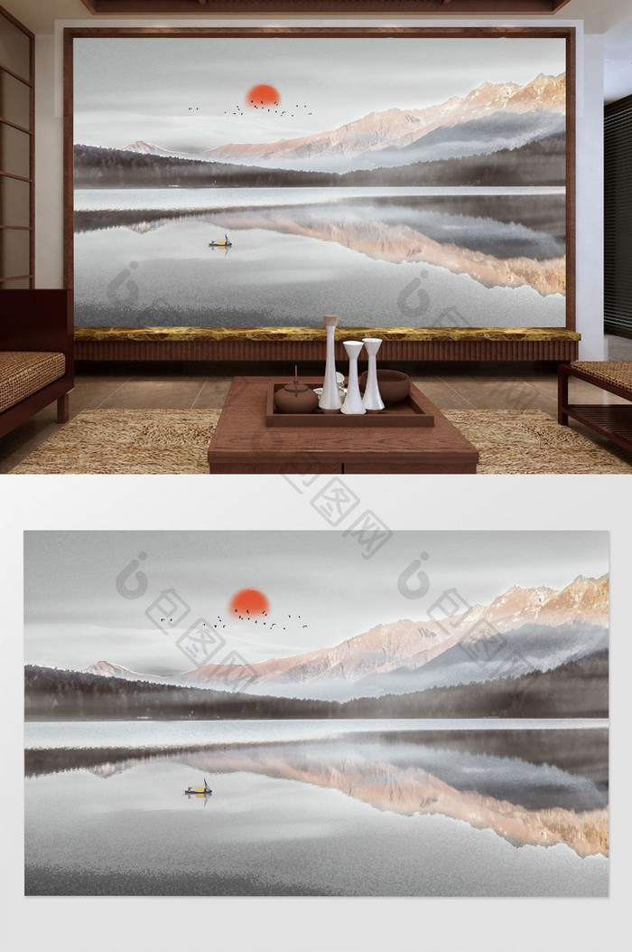 新中式唯美水彩风山水电视背景墙定制