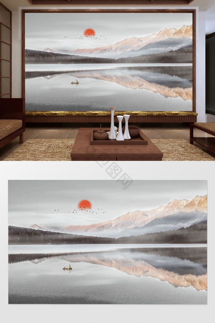 新中式唯美水彩风山水电视背景墙定制图片