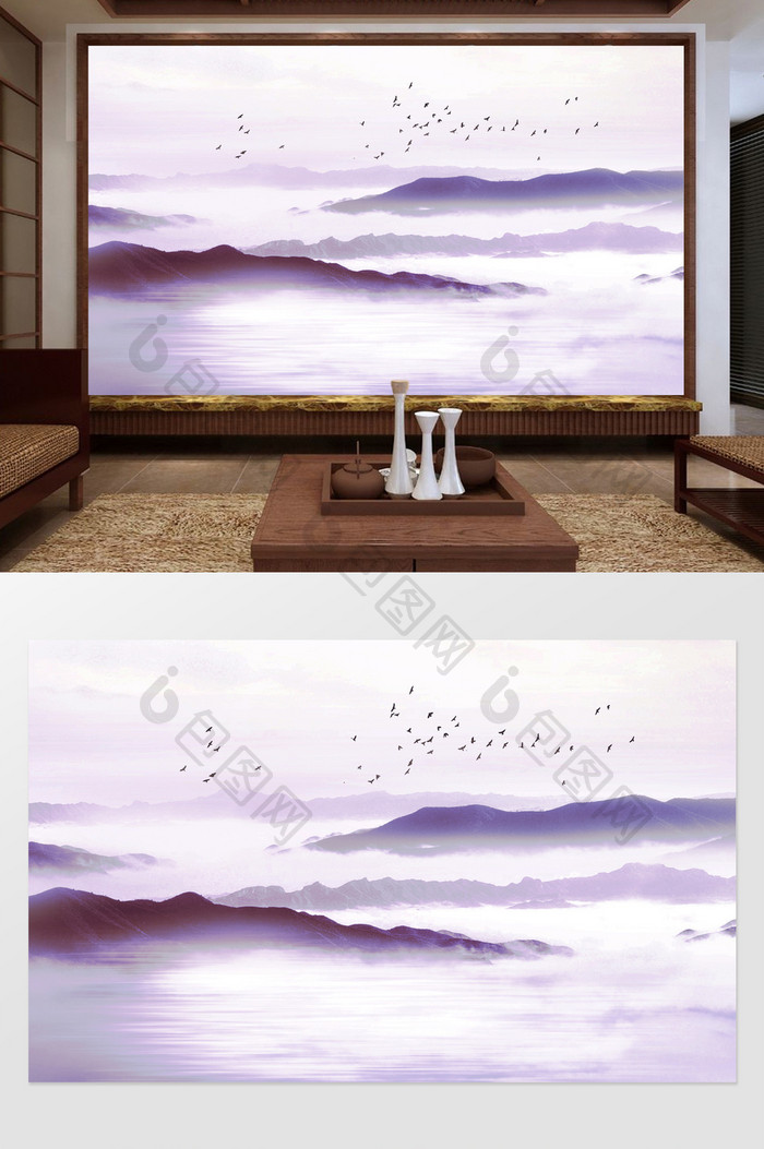 中式中国风意境水墨山水沙发电视背景墙