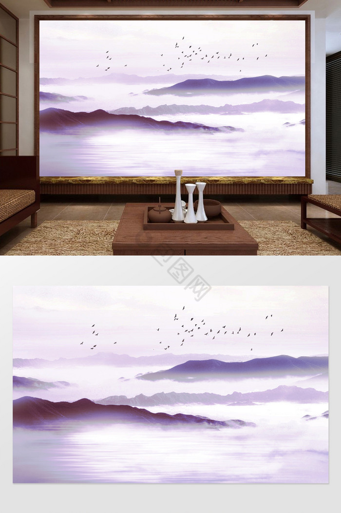 中式意境水墨山水沙发电视背景墙图片