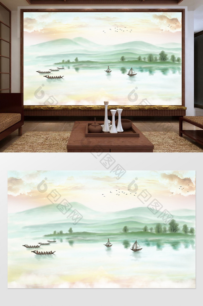 中式中国风意境水墨山水客厅电视背景墙