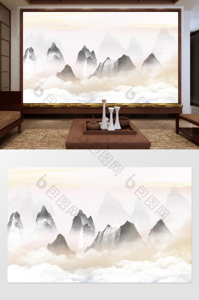 中式中国风意境水墨山水电视背景墙定制