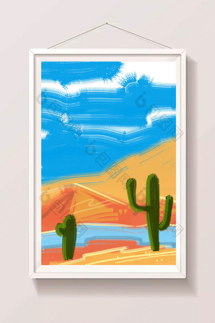 蓝色夏日沙漠绿洲卡通插画手绘背景素材