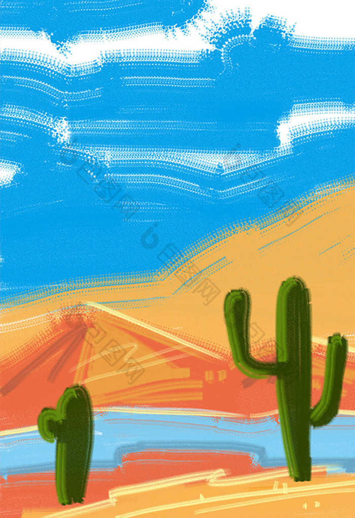 蓝色夏日沙漠绿洲卡通插画手绘背景素材
