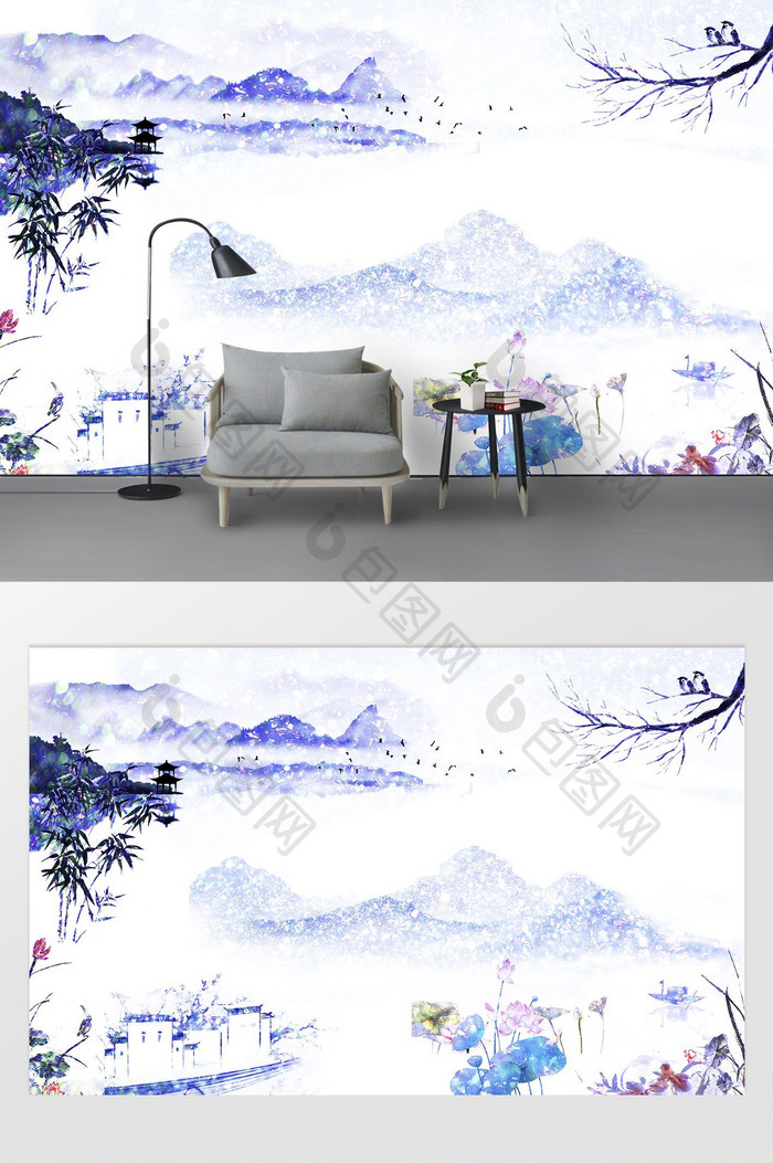 水墨新中式山水电视背景墙壁画