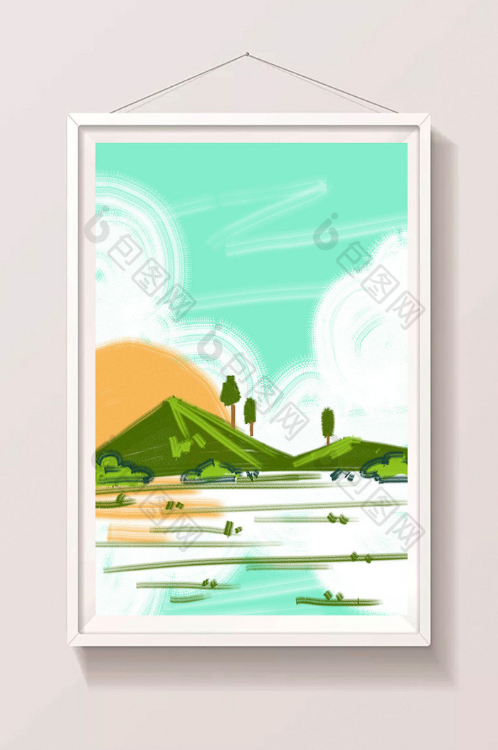 绿色夏日卡通手绘山水背景插画素材