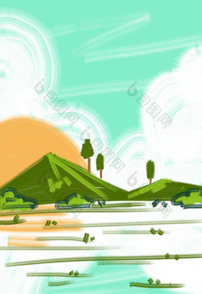 绿色夏日卡通手绘山水背景插画素材