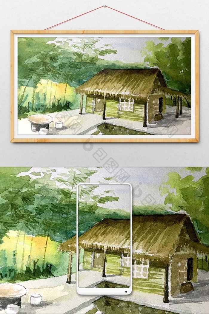 水彩手绘房屋森林插画背景素材