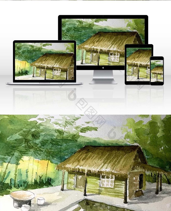 水彩手绘房屋森林插画背景素材