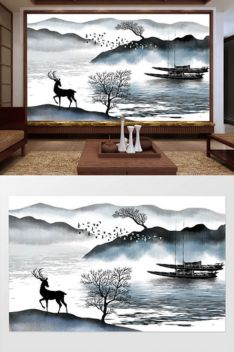 新中式手绘禅意山水画背景画图片