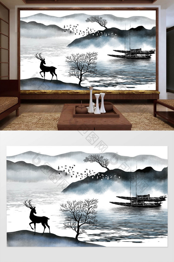新中式手绘禅意山水画背景画