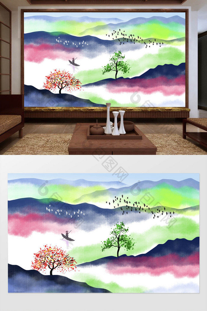 新中式山水画手绘背景画