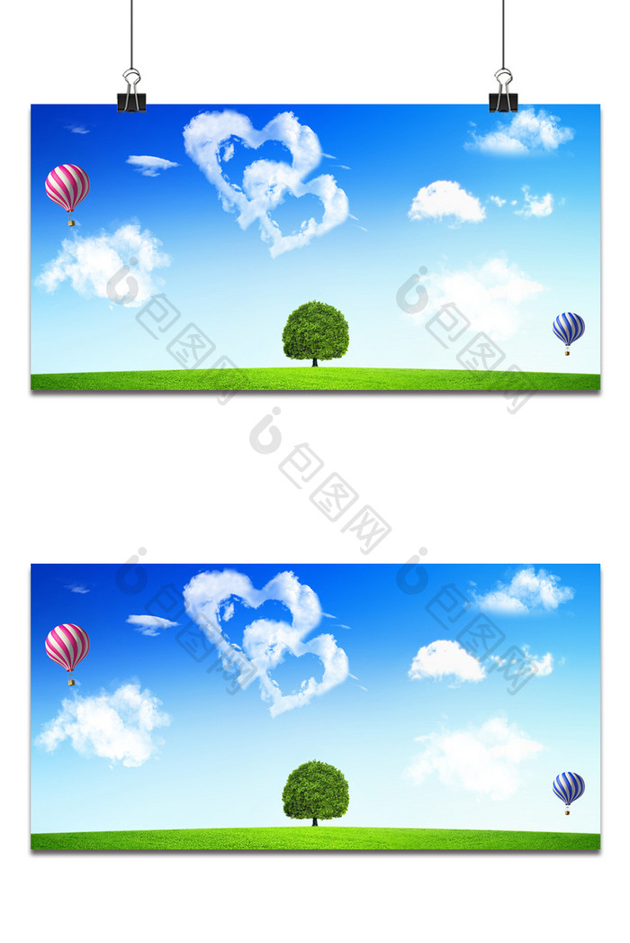 简约小清新时尚心形蓝天白云热气球绿树草地