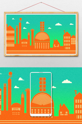 橙色扁平元素质感城市插画背景