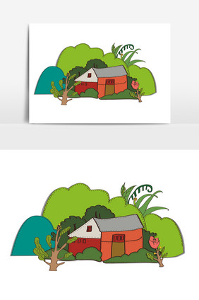 森林里的红房子儿童手绘插画元素