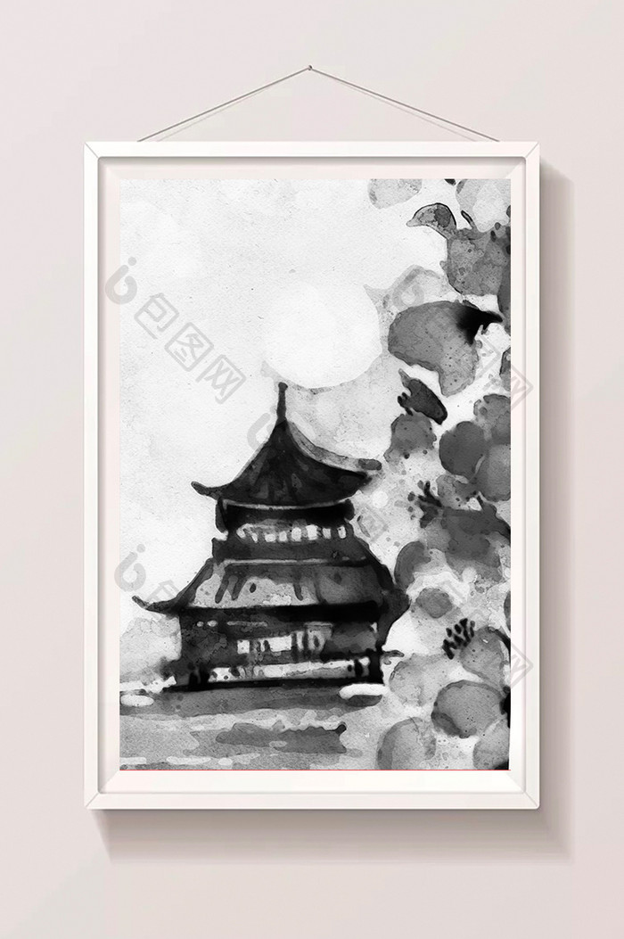 中国风水墨插画亭台楼阁风景插画水墨素材