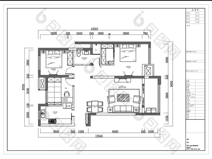 三室两厅CAD平面户型方案