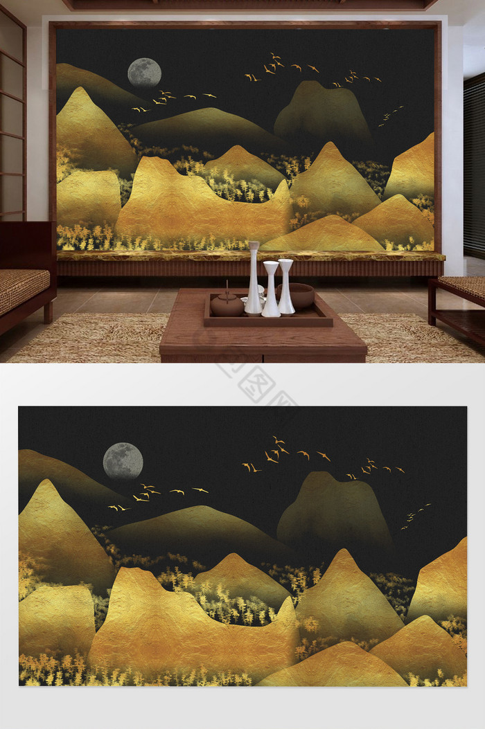 中式黑金质感意境山水电视背景墙图片