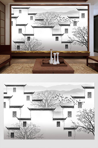 新中式徽派建筑水墨江南背景壁画图片