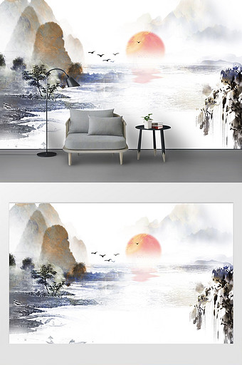 中式水墨淡雅意境山水电视背景墙图片