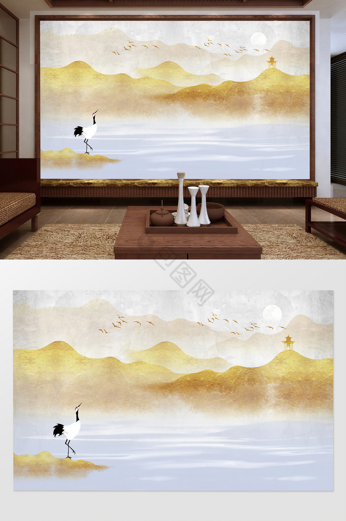 中式质感金色山水意境电视背景墙图片