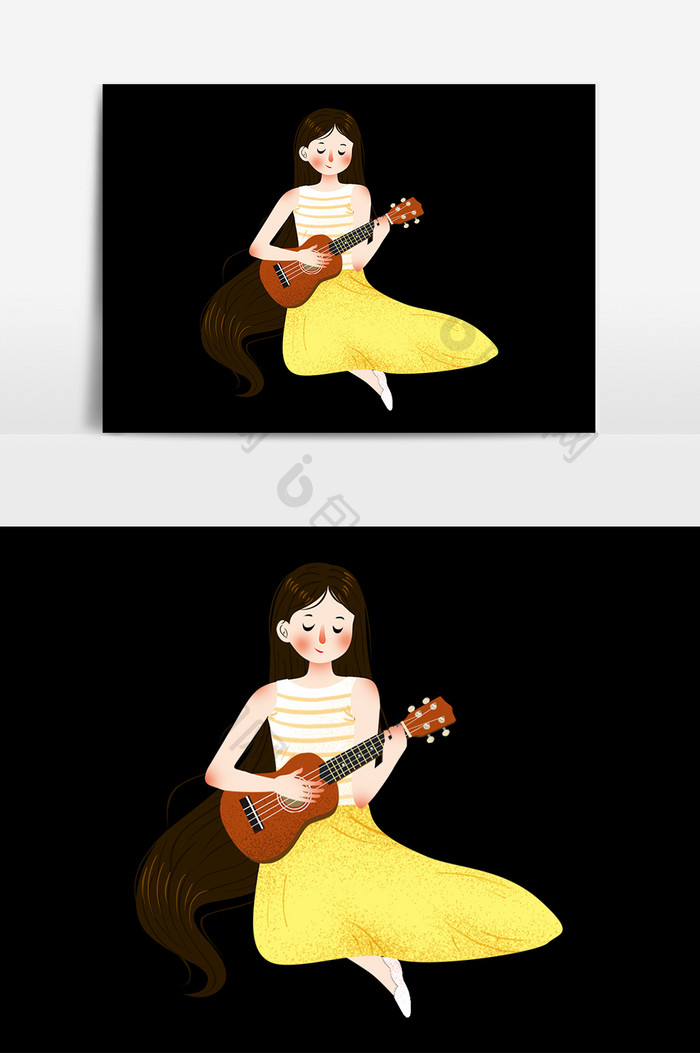 弹吉他的美女插画元素素材