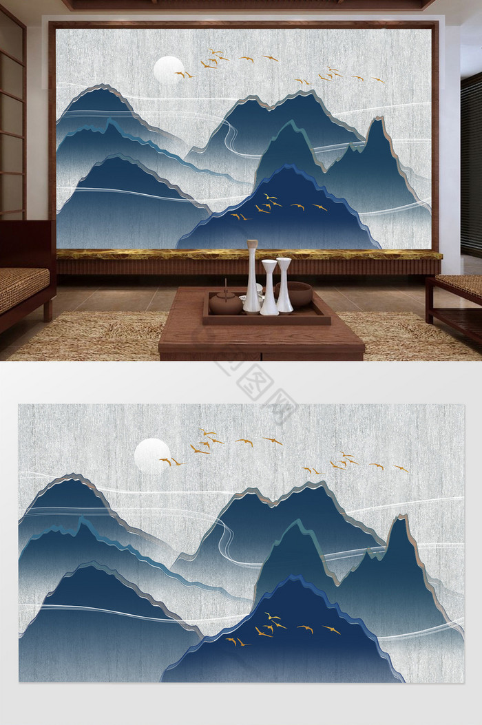 新中式创意山水意境电视背景墙图片
