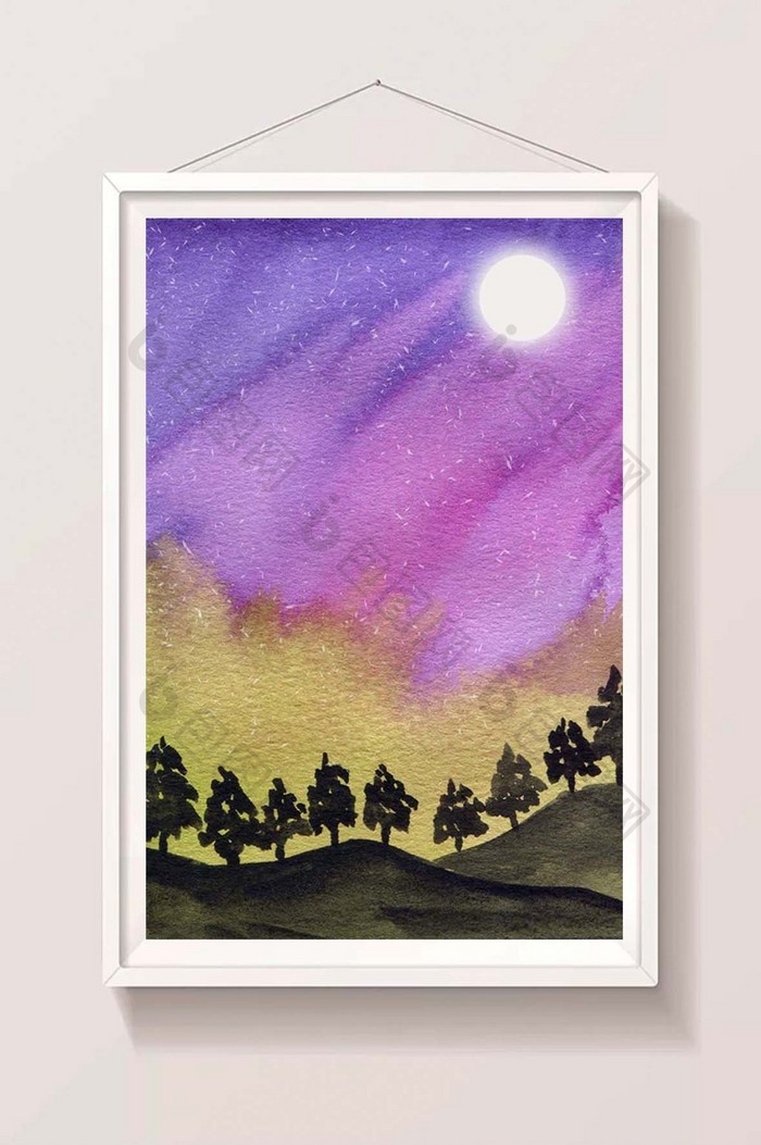 蓝色夏日紫色素材手绘背景风景清新水彩