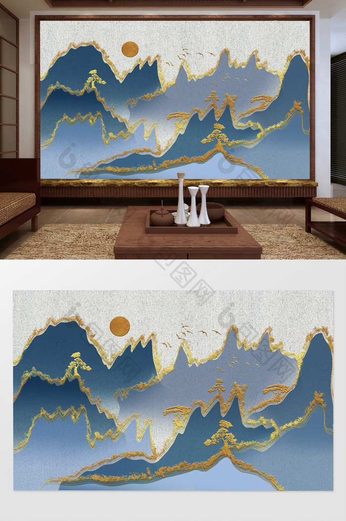 抽象中式质感手绘意境山水电视背景墙