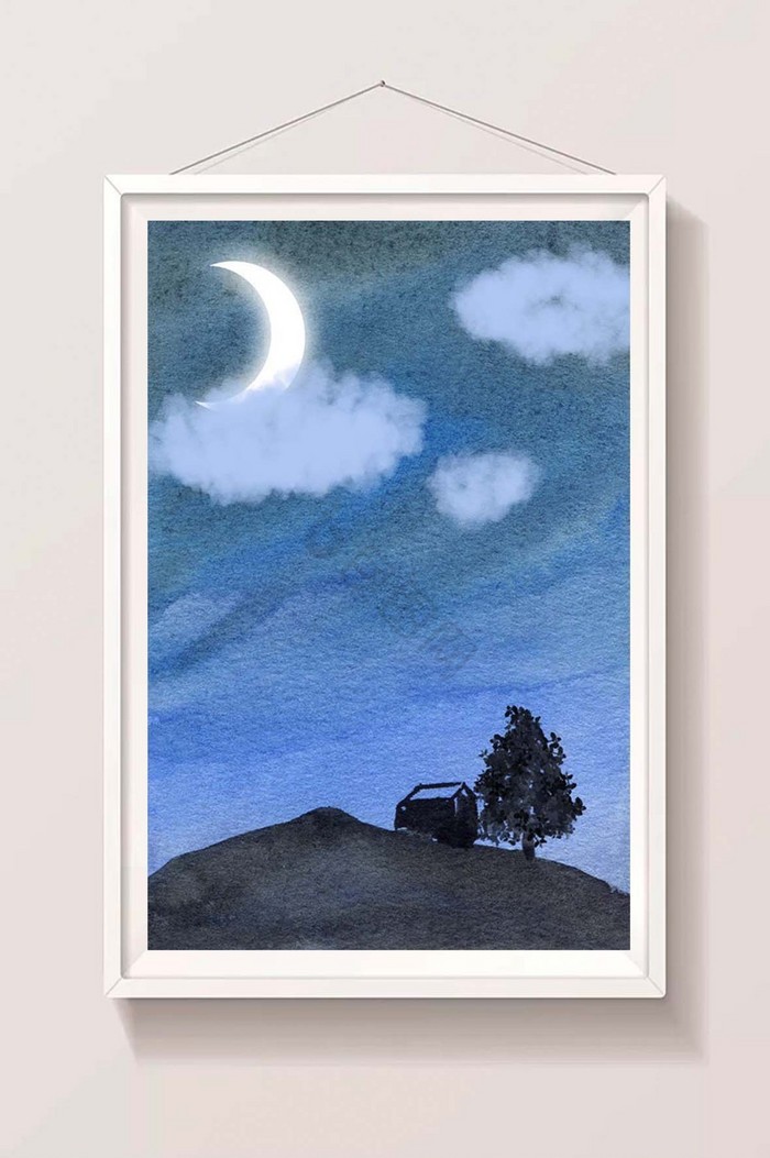 星空弯月月亮远山插画图片