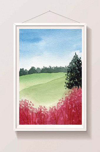绿色草原蓝色夏日素材手绘背景风景清新水彩图片