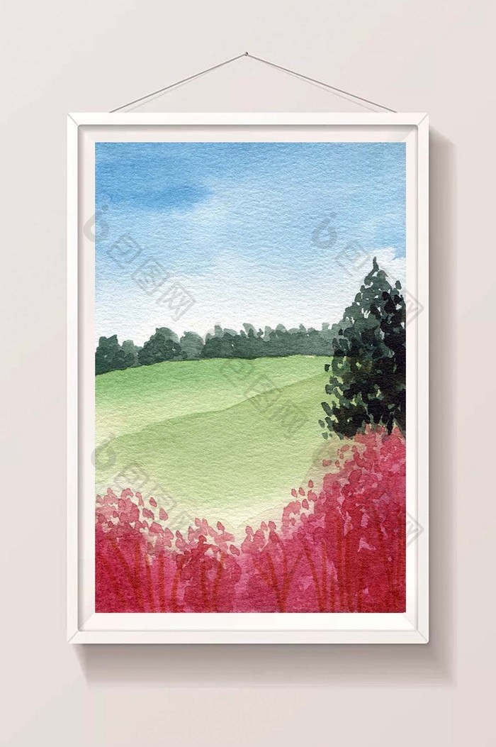 绿色草原蓝色夏日素材手绘背景风景清新水彩