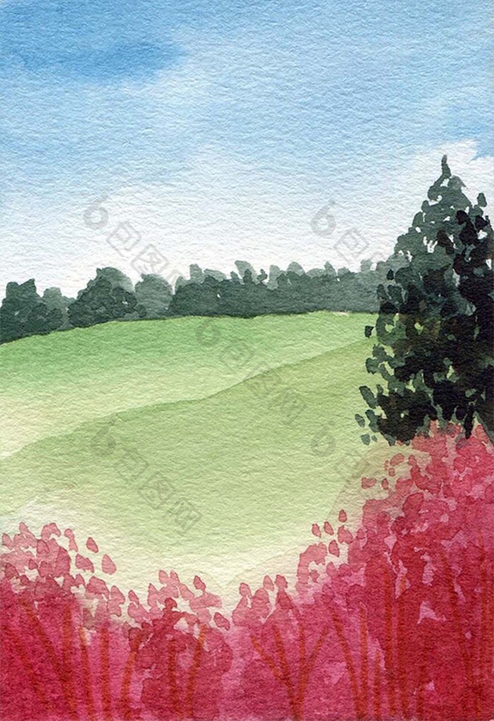 绿色草原蓝色夏日素材手绘背景风景清新水彩
