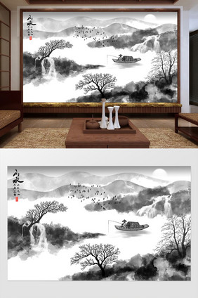 新中式水墨田园山水背景壁画
