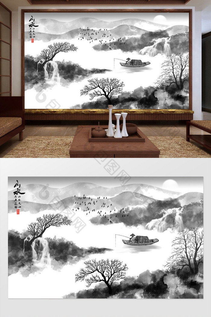 新中式水墨田园山水背景壁画