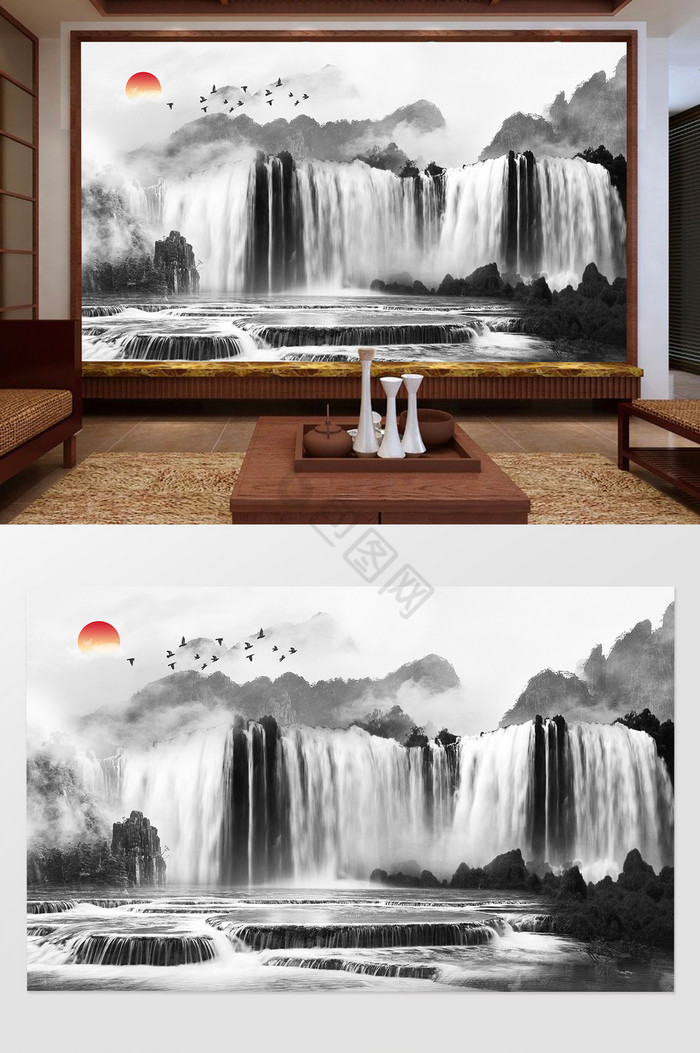 新中式水墨山水意境电视背景墙图片