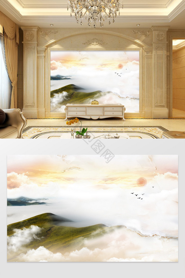 高清3D大理石纹山水日出背景墙日出图片