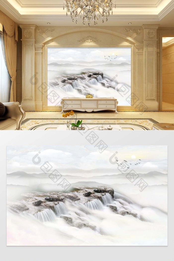 高清3D大理石纹山水日出背景墙河水图片图片