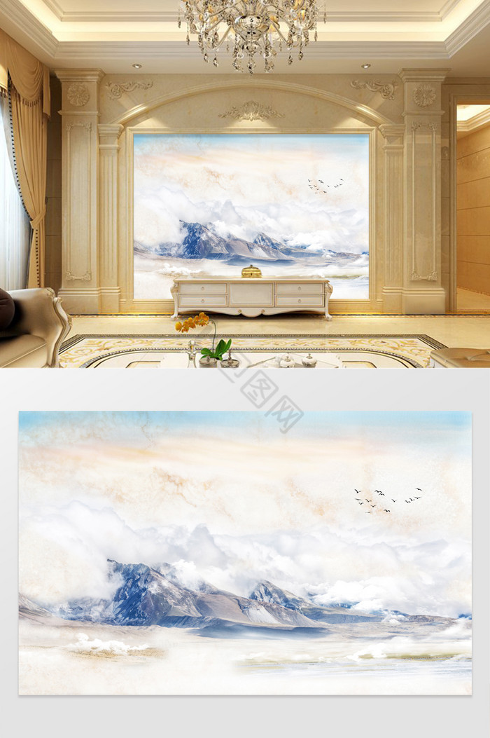 高清3D大理石纹山水日出客厅沙发背景墙定图片