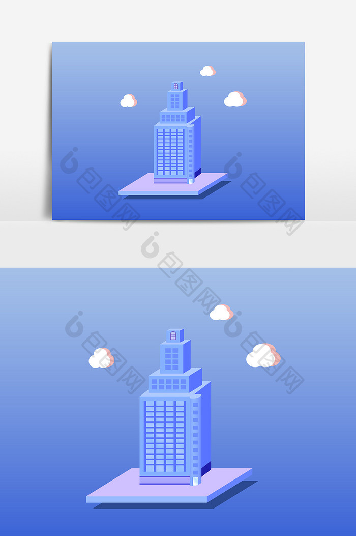 蓝色立体卡通建筑元素