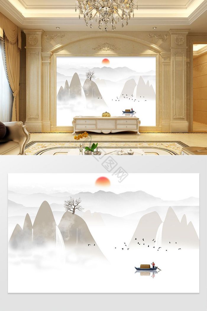 新中式抽象水墨山水背景壁画图片